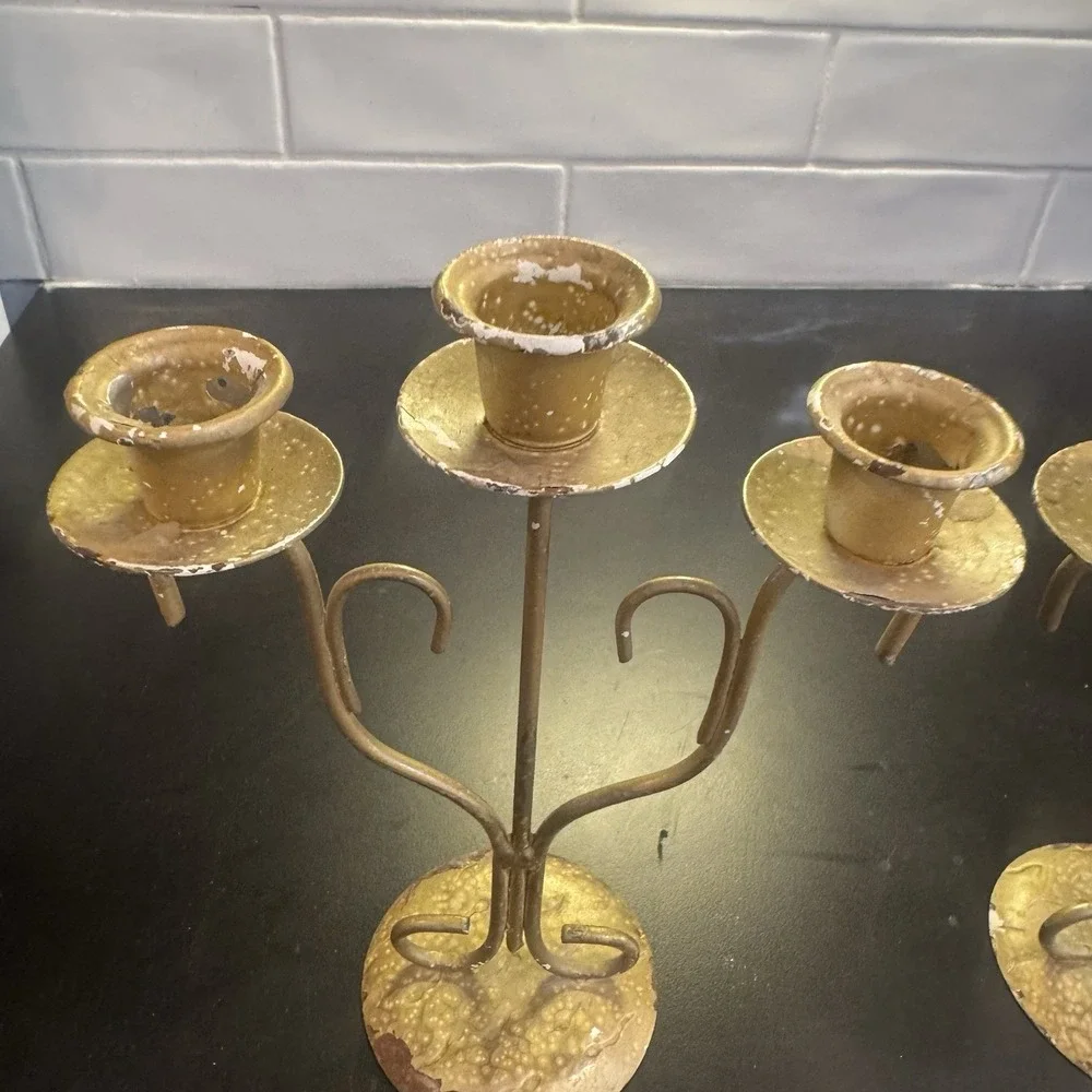 Set Of 2 Candelabra 3 Arm‎ Candle Holders Gold Tone Flake Distressed Patina